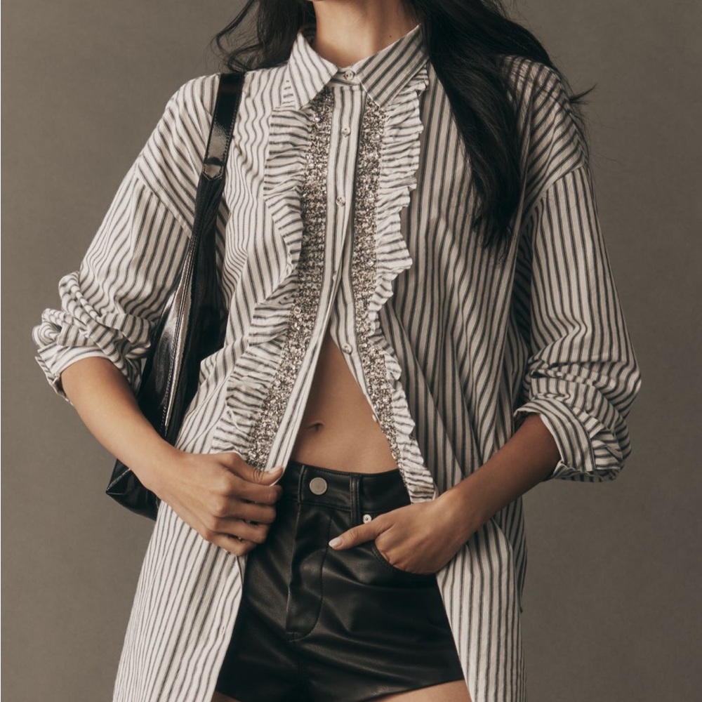 Anthropologie Pilot Crystal Embellished Relaxed Ruffled Button-Down Shirt NWT M